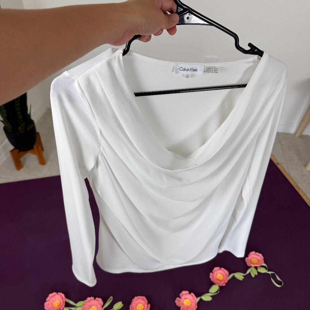 NWOT Calvin Klein White Chiffon Layer Stretch Long Sleeve Top Size XS